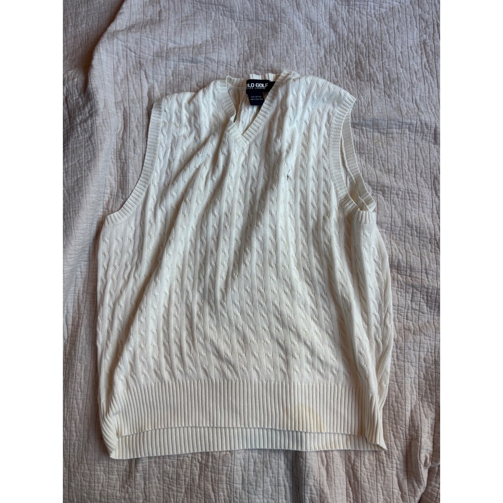 Polo Golf Ralph Lauren Mens Large Cream Cable Knit Cotton V-Neck Sweater Vest
